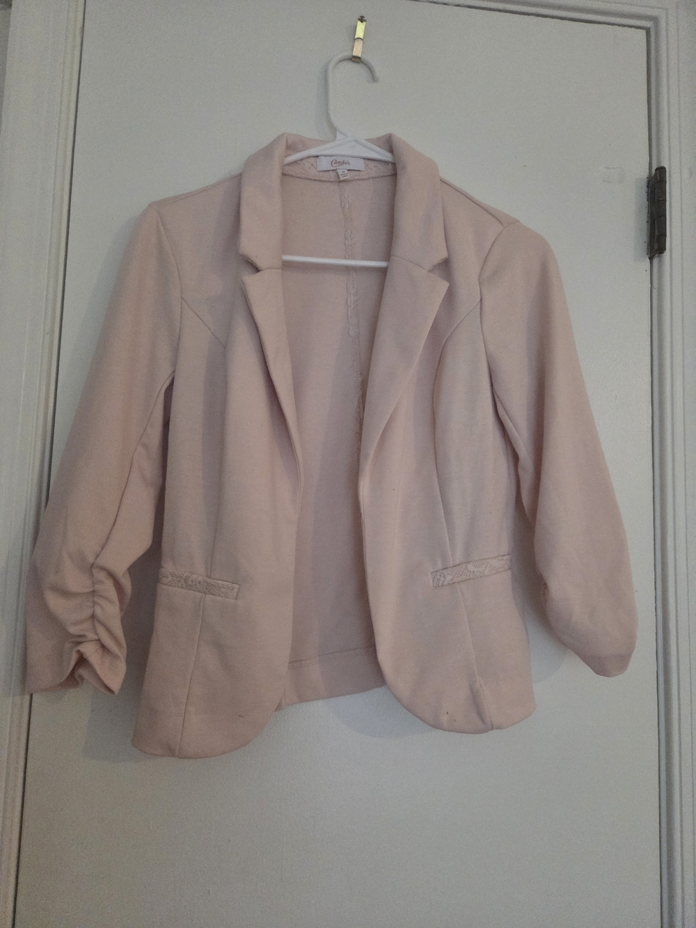 Candie's Pink Blazer Jacket Lace Trim 3/4 Ruched Sleeve Open Front Size M